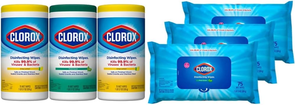 Clorox Disinfecting Wipes Value Pack. 3x 75ct Crisp Lemon and Fresh Scent Canister and 3x 75ct Easy Pull Moisture Seal Pack
