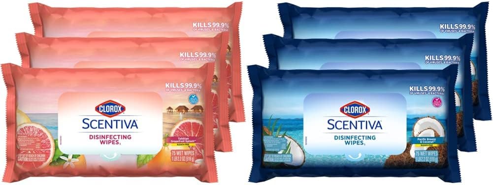 Clorox Scentiva Disinfecting Wipes Value Pack. Mixed 3x 75ct Pacific Breeze & Coconut Scent and 3x 75ct Tahitian Grapefruit Splash Scent. 6 pack