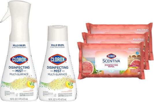 Clorox Cleaning Bundle Disinfecting Mist Lemon & Orange Blossom Scent 1 Spray Bottle. 1 Refill. 16 Fl Oz Each Scentiva Disinfecting Wipes. Pacific Breeze Coconut Scent-3-Pack-75ct Each