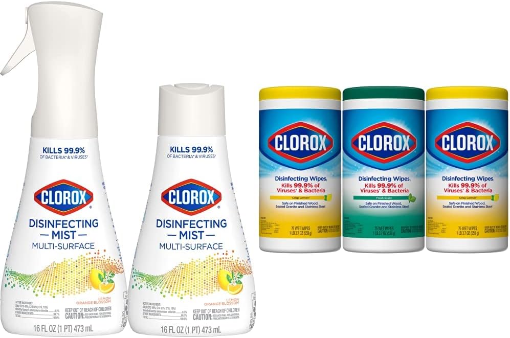 Clorox Cleaning Bundle Disinfecting Mist Lemon and Orange Blossom Scent (1 Spray Bottle & 1 Refill. 16 Fl Oz Each) Disinfecting Wipes (3-Pack. 75ct Each)