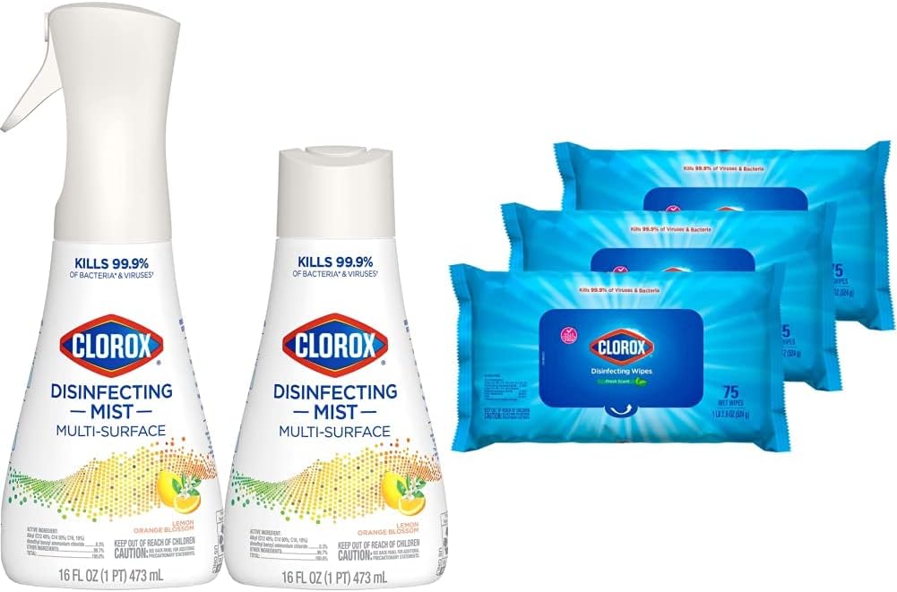 Clorox Cleaning Bundle Disinfecting Mist Lemon & Orange Blossom Scent (1 Spray Bottle & 1 Refill. 16 Fl Oz Each) Disinfecting Wipes. Moisture Seal Lid Fresh Scent (3-Pack. 75ct Each)