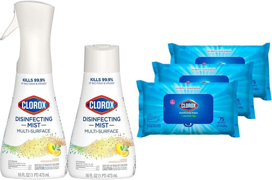 Clorox Cleaning Bundle Disinfecting Mist Lemon & Orange Blossom Scent (1 Spray Bottle & 1 Refill. 16 Fl Oz Each) Disinfecting Wipes. Moisture Seal Lid Fresh Scent (3-Pack. 75ct Each)