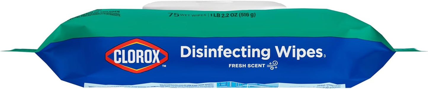 Clorox Disinfecting Wipes. Bleach Free. Household Essentials. Fresh Scent. Moisture Seal Lid. 75 Cleaning Wipes. Pack of 3 (New Packaging)