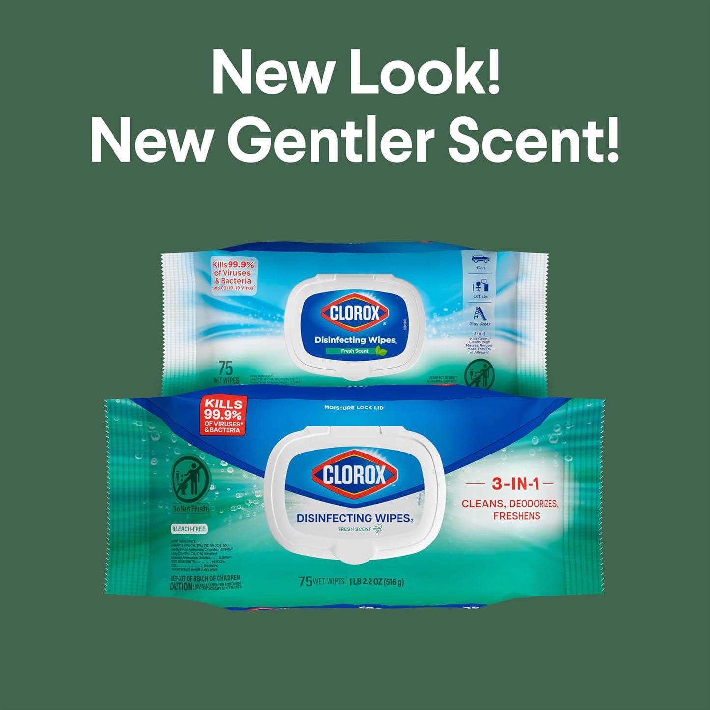 Clorox Disinfecting Wipes. Bleach Free. Household Essentials. Fresh Scent. Moisture Seal Lid. 75 Cleaning Wipes. Pack of 3 (New Packaging)