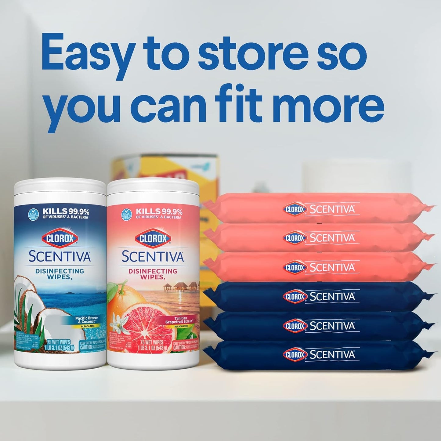 Clorox Scentiva Disinfecting Wipes Value Pack. Mixed 3x 75ct Pacific Breeze & Coconut Scent and 3x 75ct Tahitian Grapefruit Splash Scent. 6 pack