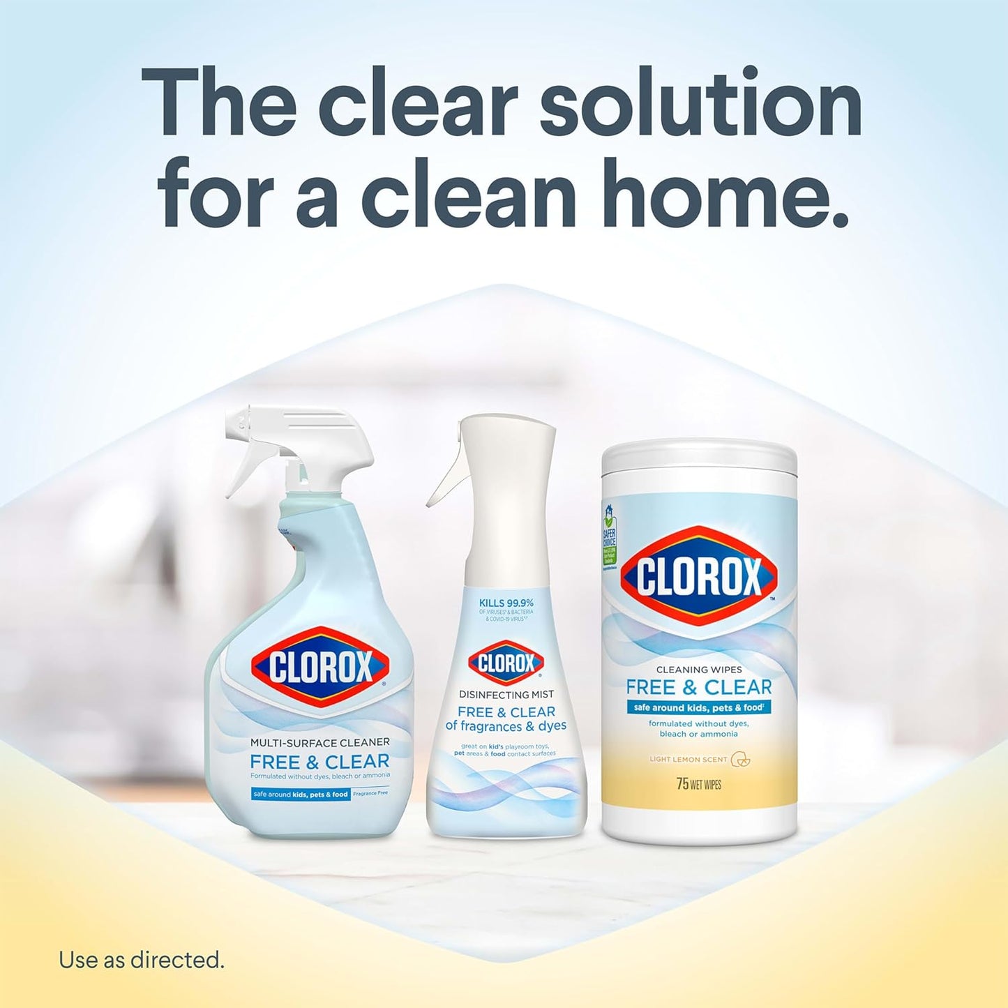 Clorox Free & Clear Cleaning Wipes. Light Lemon Scent. 75 Count. Pack of 3 (Pack May Vary)