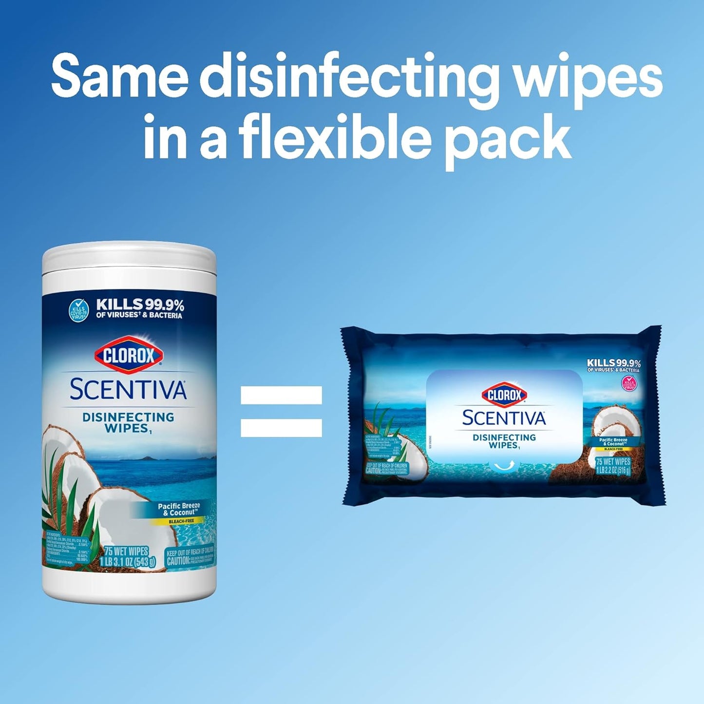 Clorox Scentiva Disinfecting Wipes Value Pack. Mixed 3x 75ct Pacific Breeze & Coconut Scent and 3x 75ct Tahitian Grapefruit Splash Scent. 6 pack