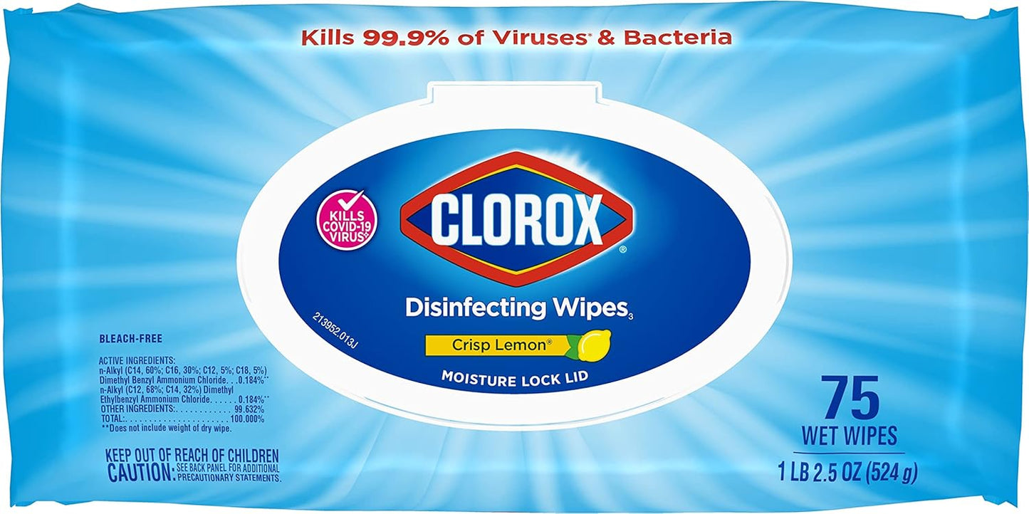 Clorox Disinfecting Wipes. Bleach Free Cleaning Wipes. Household Essentials. Dorm Room Essentials. 75 Wipes. Pack Of 3. Fresh Scent (Package May Vary)