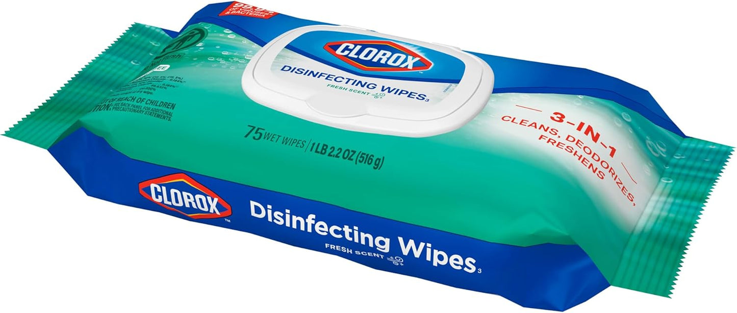 Clorox Disinfecting Wipes. Bleach Free. Household Essentials. Fresh Scent. Moisture Seal Lid. 75 Cleaning Wipes. Pack of 3 (New Packaging)