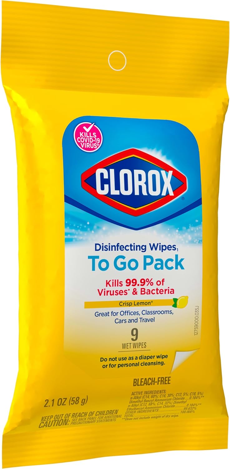 Clorox Disinfecting Wipes On The Go Travel Wipes. Dorm Room Essentials. Crisp Lemon. 9 Count (Package May Vary)