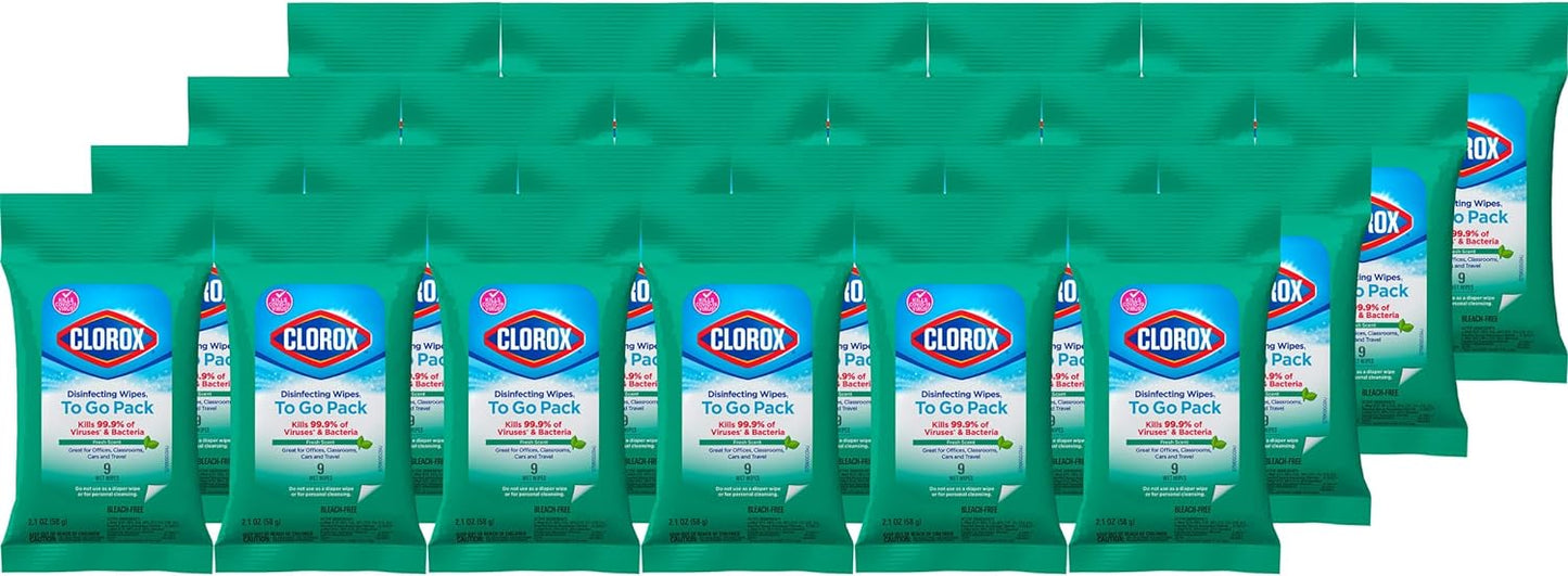 Clorox Disinfecting Wipes To Go Pack. Bleach Free. Fresh Scent. 9 Count. Pack of 24 (Pack May Vary)