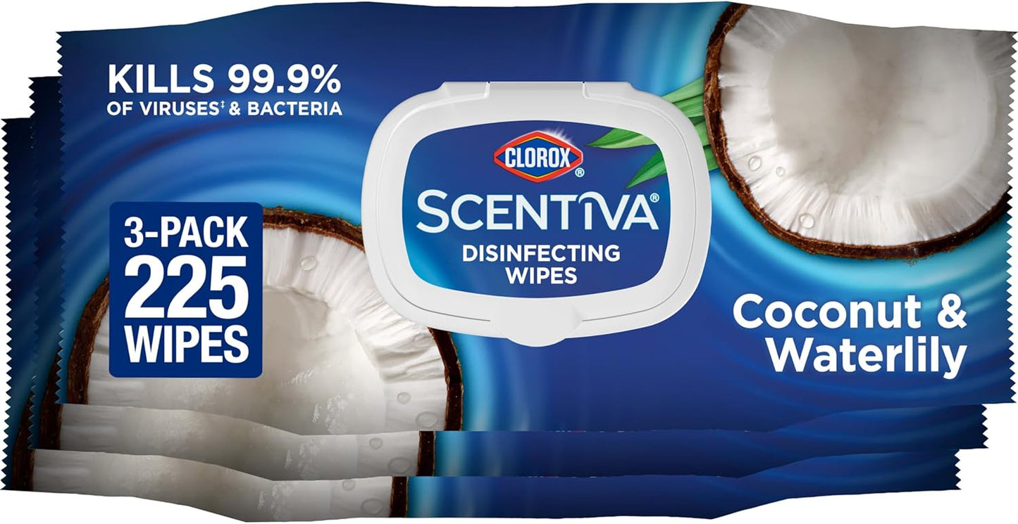Clorox Scentiva Disinfecting Wipes. Coconut and Waterlily. 75 Count. Pack of 3 (Package May Vary)