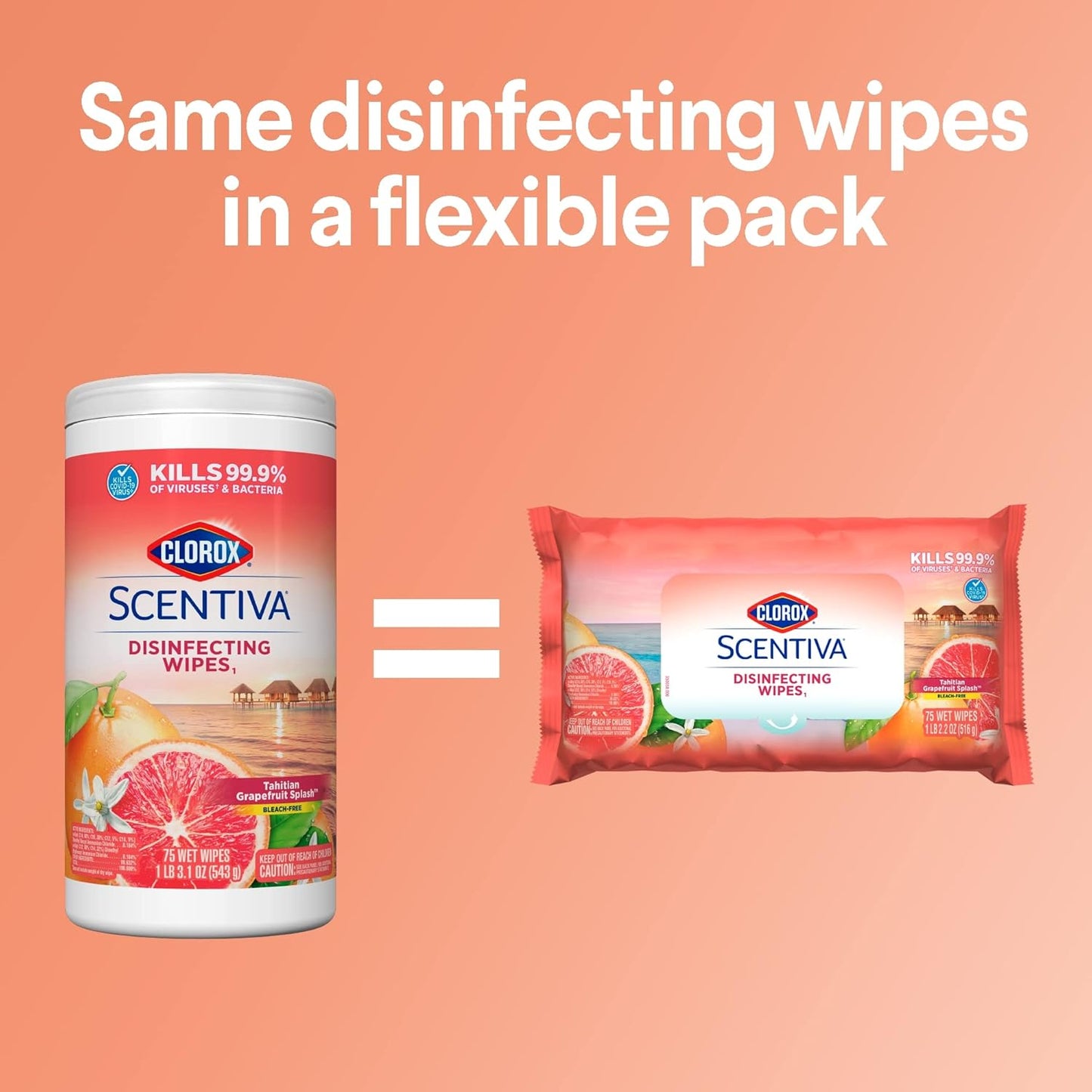 Clorox Scentiva Disinfecting Wipes Value Pack. Mixed 3x 75ct Pacific Breeze & Coconut Scent and 3x 75ct Tahitian Grapefruit Splash Scent. 6 pack