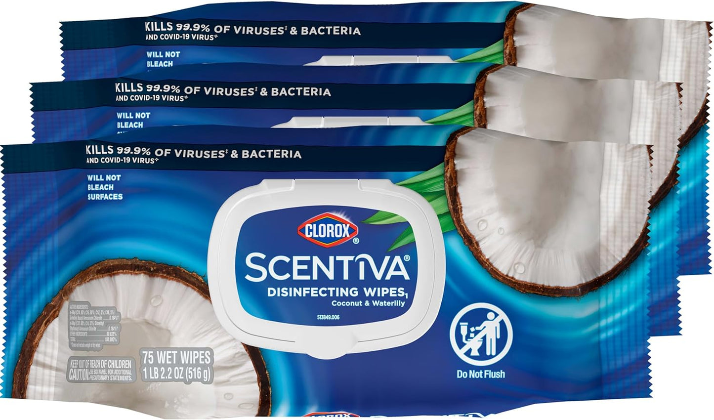 Clorox Scentiva Disinfecting Wipes. Coconut and Waterlily. 75 Count. Pack of 3 (Package May Vary)