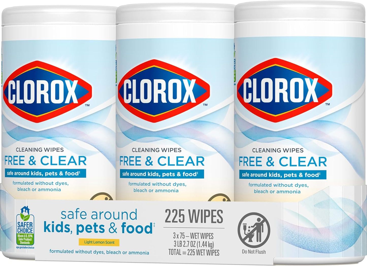 Clorox Free & Clear Cleaning Wipes. Light Lemon Scent. 75 Count. Pack of 3 (Pack May Vary)