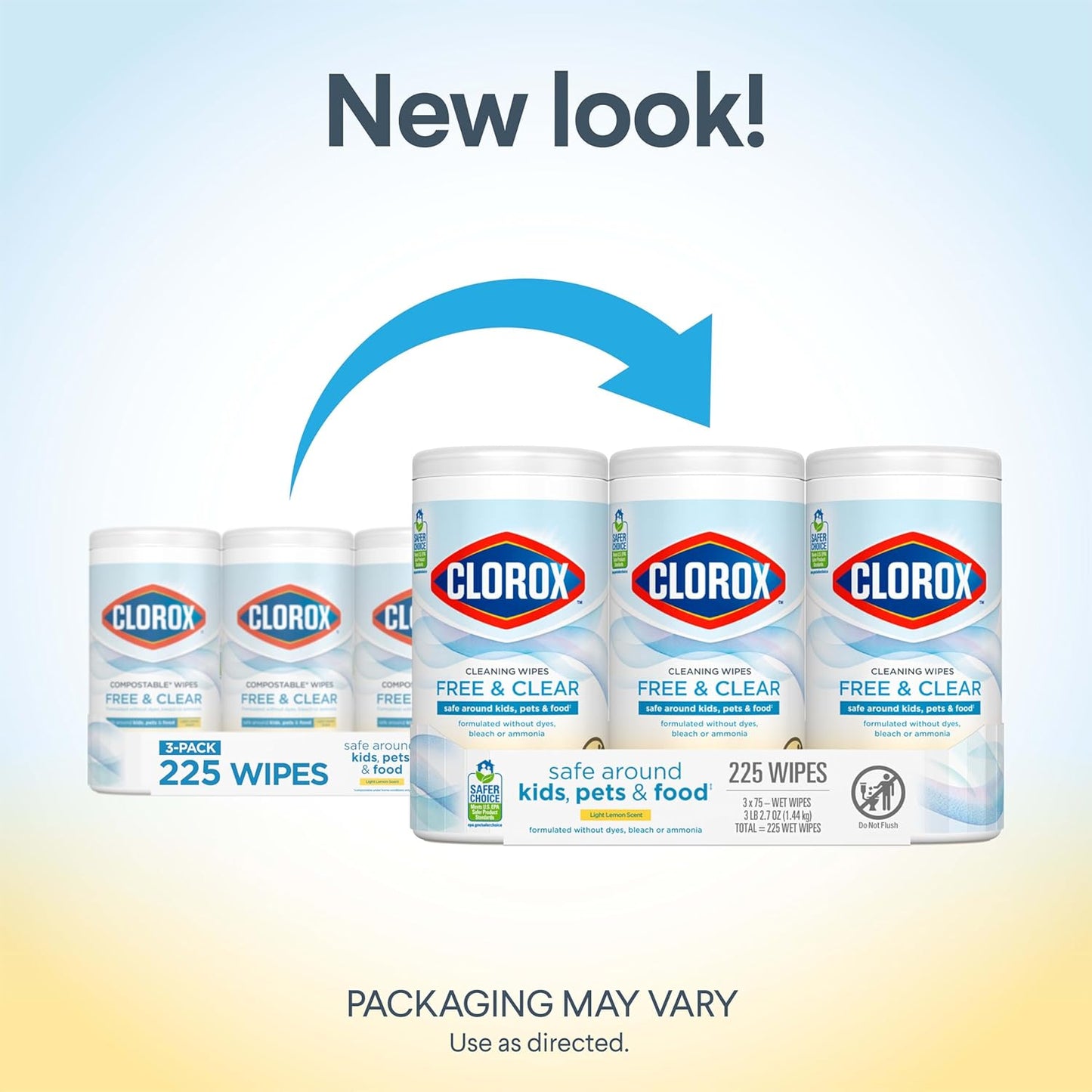Clorox Free & Clear Cleaning Wipes. Light Lemon Scent. 75 Count. Pack of 3 (Pack May Vary)