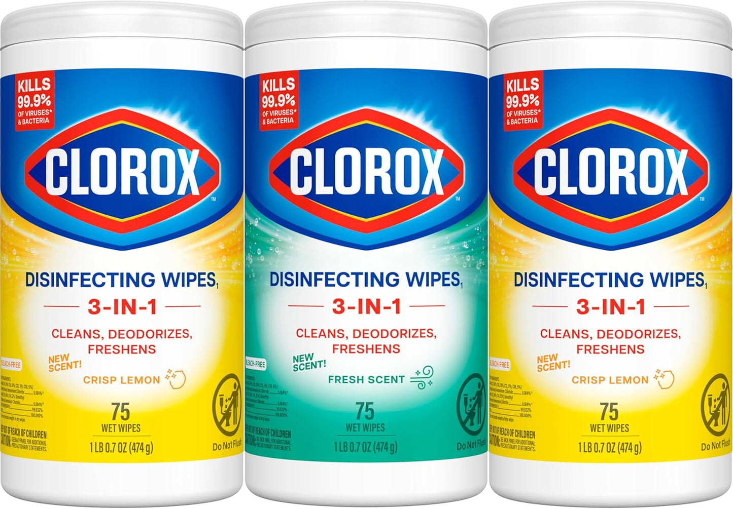 Clorox Disinfecting Cleaning Wipes Variety Pack. 75 Count Each. Pack of 3 (Package May Vary)