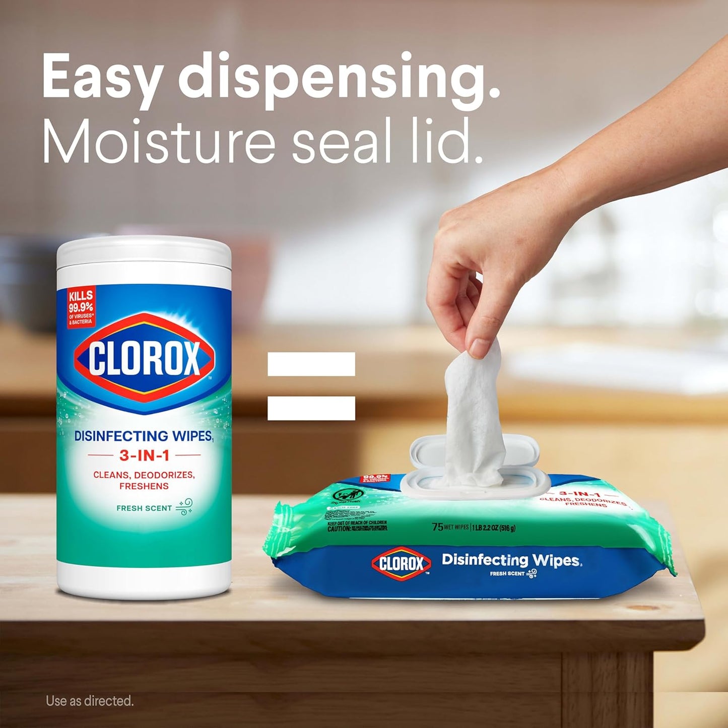 Clorox Disinfecting Wipes. Bleach Free. Household Essentials. Fresh Scent. Moisture Seal Lid. 75 Cleaning Wipes. Pack of 3 (New Packaging)