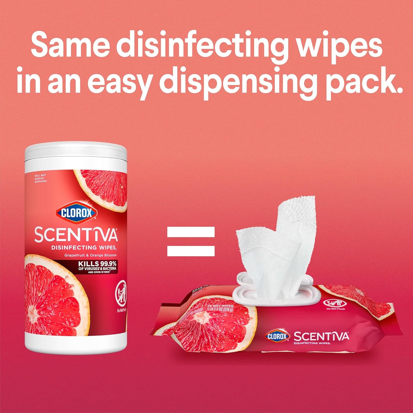 Clorox Scentiva Disinfecting Wipes. Grapefruit and Orange Blossom. 75 Ct.. Pack of 3 (Pack May vary)