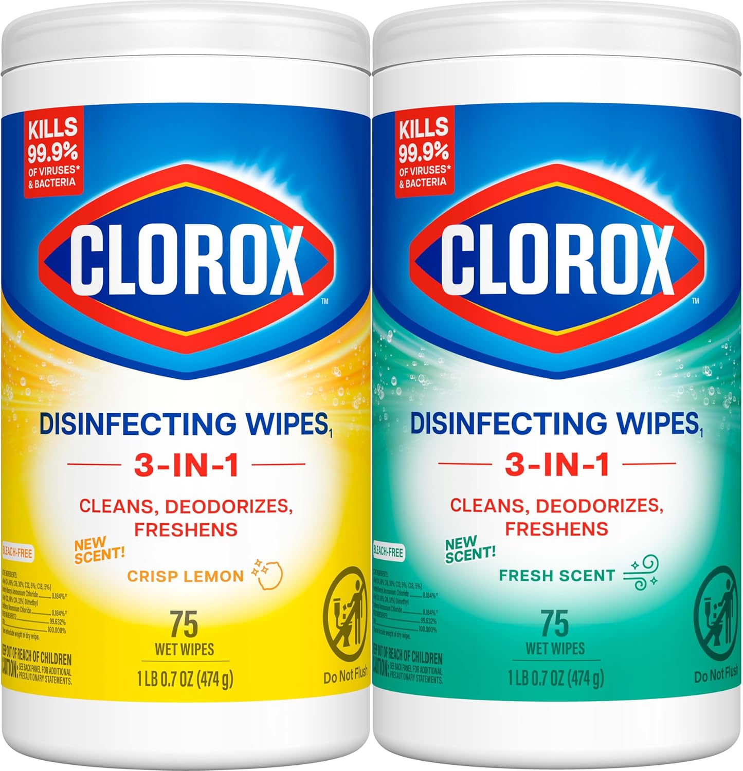 Clorox Disinfecting Wipes Value Pack. Bleach Free Cleaning Wipes. 75 Count Each. Pack of 2. Packaging May Vary