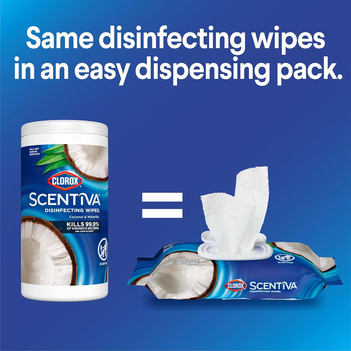 Clorox Scentiva Disinfecting Wipes. Coconut and Waterlily. 75 Count. Pack of 3 (Package May Vary)
