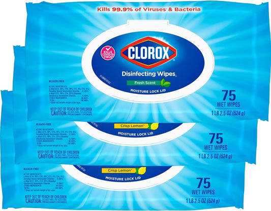 Clorox Disinfecting Wipes. Bleach Free Cleaning Wipes. Household Essentials. Dorm Room Essentials. 75 Wipes. Pack Of 3. Fresh Scent (Package May Vary)