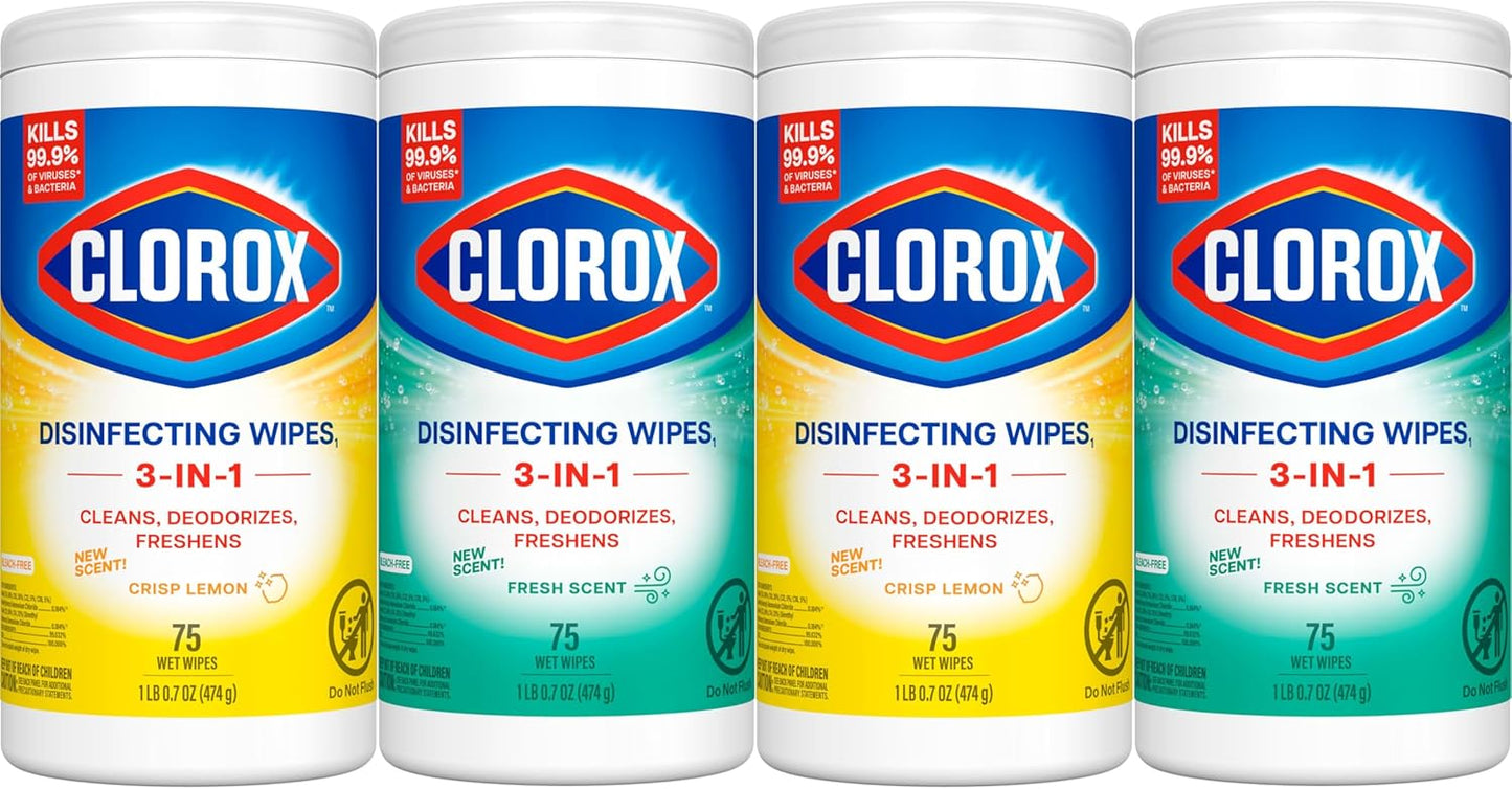 Clorox Disinfecting Cleaning Wipes Variety Pack. 75 Count Each. Pack of 4 (Package May Vary)