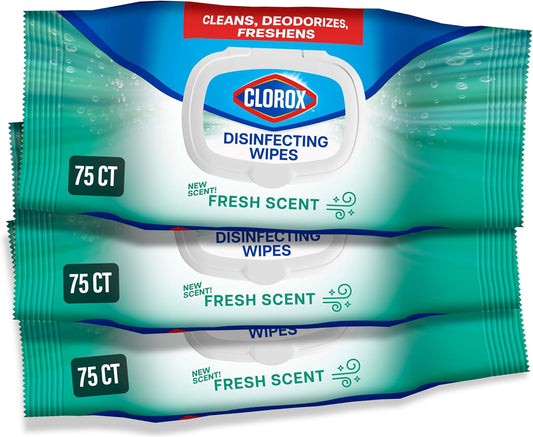 Clorox Disinfecting Wipes. Bleach Free. Household Essentials. Fresh Scent. Moisture Seal Lid. 75 Cleaning Wipes. Pack of 3 (New Packaging)