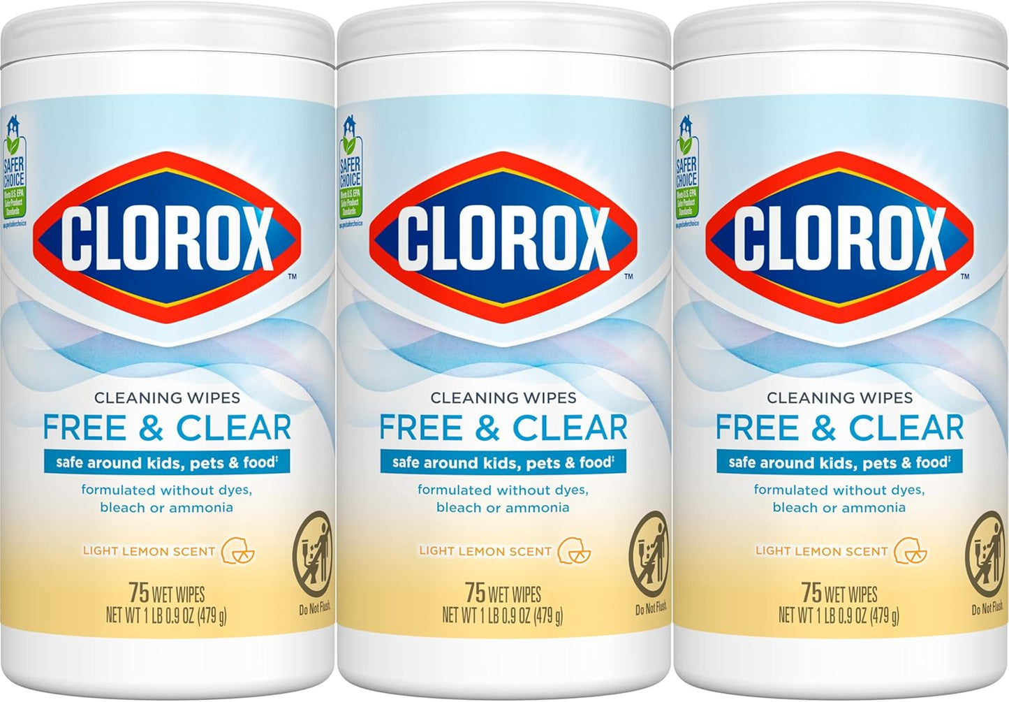 Clorox Free & Clear Cleaning Wipes. Light Lemon Scent. 75 Count. Pack of 3 (Pack May Vary)